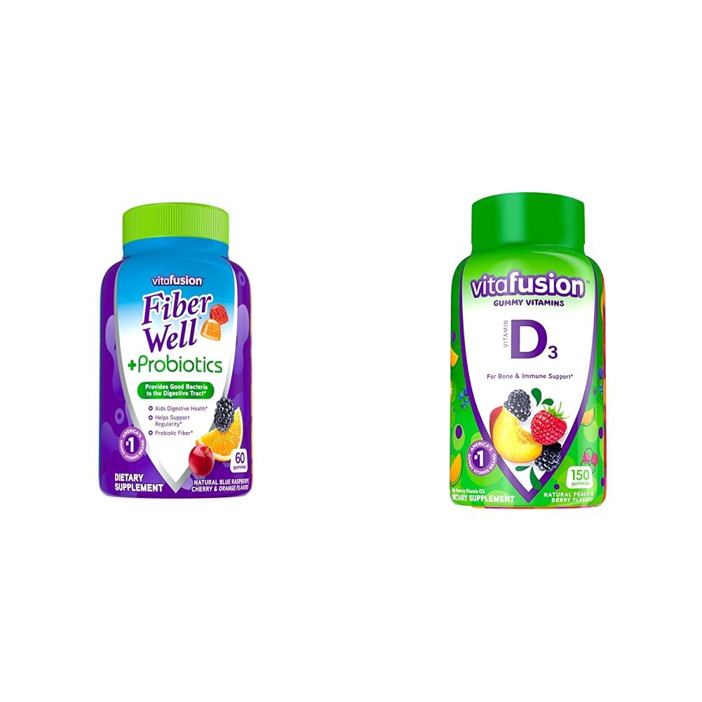 Vitafusion Fiber Well + Probiotics Gummies για ενήλικες, 60 Count Vitamin D3 Gummy Βιταμίνες, Ροδάκινο, BlackBerry και Φράουλα Γεύση, 50 mcg Βιταμίνη D, 150 Count