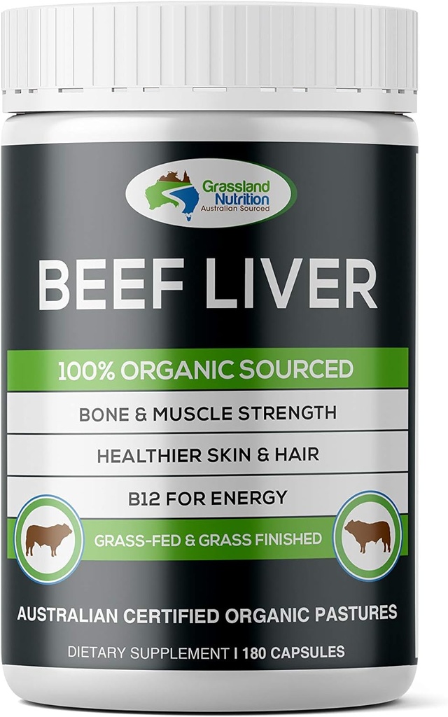 Grassland Διατροφή Grass Fed Beef Liver 100% Organic Sourced — Φυσικό B12 για την ενέργεια, τον σίδηρο και τη βιταμίνη Α (180 κάψουλες)