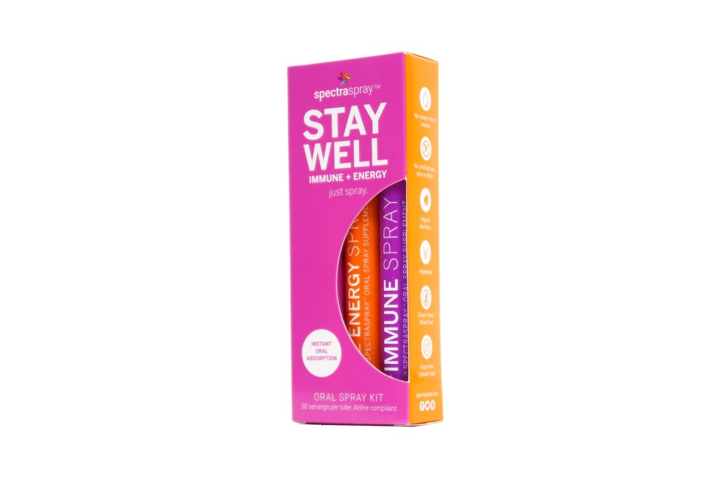Spectraspray Travel Wellness Stay Well Kit - Ανοσολογική Υποστήριξη & B12 Βιταμίνη στοματικά σπρέι ταχείας ανοσίας Boost & Active Form of B12 for Recovery & Energy, Vegan & Gluten Free, 30 ημέρες προσφοράς ανά ψεκασμό