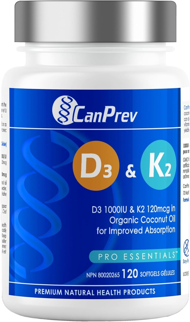 CanPrev D3 & K2 Βιταμίνες 120 Softgels, 120-Day Supply, 1000IU Βιταμίνη D3 & 120mcg K2, Υποστηρίζει τα ισχυρά οστά, τα δόντια και την ευεξία της καρδιάς, Easy-to-Absorb με βιολογικό λάδι καρύδας, Όχι ΓΤΟ, Γλουτένη, σόγια, γαλακτοκομικά