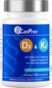 CanPrev D3 & K2 Βιταμίνες 120 Softgels, 120-Day Supply, 1000IU Βιταμίνη D3 & 120mcg K2, Υποστηρίζει τα ισχυρά οστά, τα δόντια και την ευεξία της καρδιάς, Easy-to-Absorb με βιολογικό λάδι καρύδας, Όχι ΓΤΟ, Γλουτένη, σόγια, γαλακτοκομικά