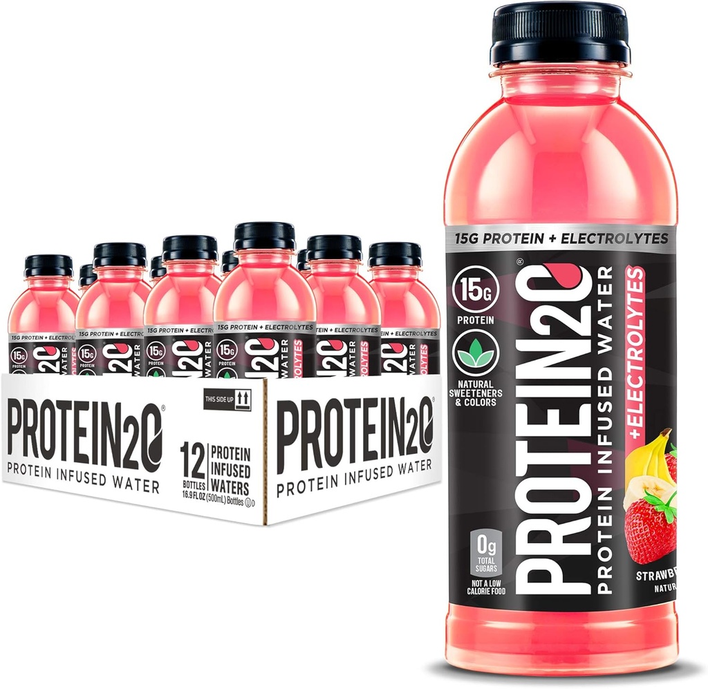 Protein2o + Electrolytes, Low Calorie Protein Infused Water, 15g Whey Protein Isolate, Strawberry Banana, 16.91 fl oz (pack of 12)