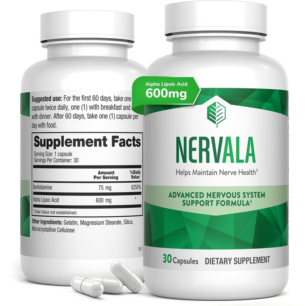 Nervala - Alpha Lipoic Acid 600mg - ALA Supplement Antioxidant for Nerve, Energy & Circulation Support- Extra Strength with Benfotiamine - Made in USA, Lab Tested - 30 Capsules, 1 Month Supply