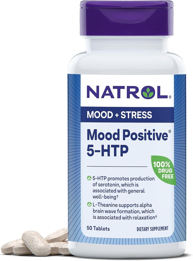 Natrol Mood θετική 5- HTP και L-Θεανίνη για ισορροπημένη διάθεση και χαλάρωση, 50 δισκία, μέχρι 50 ημέρες προσφοράς