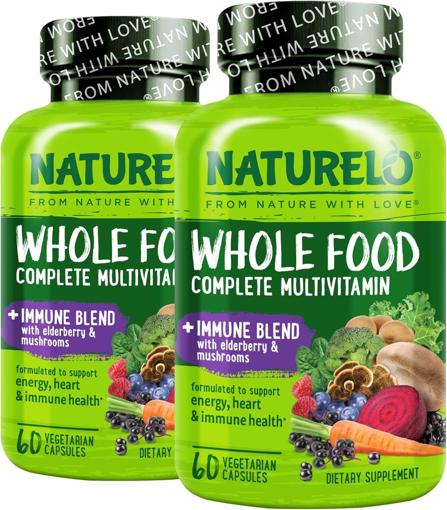 NATURELO Πολυβιταμινούχο + Ανοσοποιητικό Μείγμα με Βατόμουρο & Μανιτάρια - Πλήρης Πολυβιταμίνη με Επιπλέον Ανοσολογική Υποστήριξη - C, D3, Ψευδάργυρος, Γέροντας Βατόμουρο, Reishi, Shithake, 60 Κάψουλες Vegan (Pack of 2)