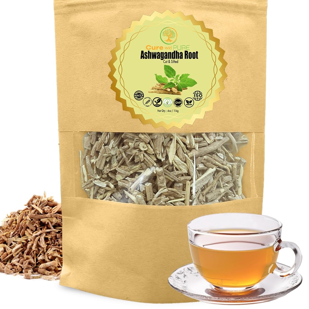Cure wid Pure Certified Organic Ashwagandha Root Tea | Cut & Sifted 4oz Non-GMO Non-Irradiated Ashwagandha Tea for Women & Men Adaptogenic Wellness | Withania Somnifera for Herbal Infusion & Capsules
