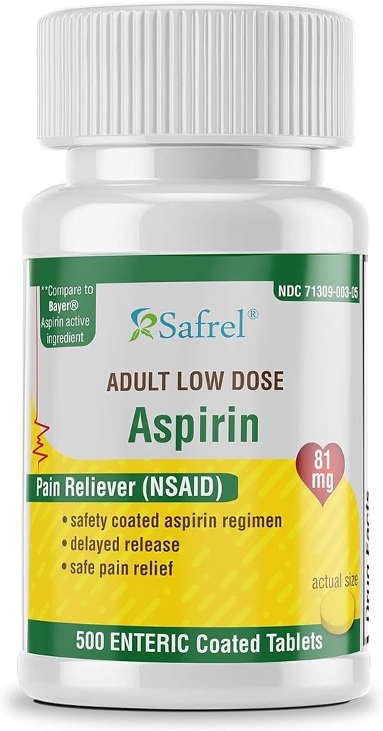 Safrel Generic Bayer Baby Aspirin 81 mg (500 Enteric Coated Tablets) | Adult Low Dose Strength Safe Pain Reliever (NSAID) for Minor Aches | Value Pack