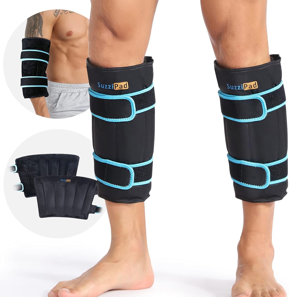 SuzziPad 360° Ψυχρό πακέτο για το Calf, Shin, βραχίονα & αγκώνα – Τύλιγμα πάγου με διπλή σχεδίαση, ρυθμιζόμενα λουριά Velcro, Leakproof & επαναχρησιμοποιήσιμο κρύο compress για την ανάκτηση μετά την προπόνηση (2 πακέτα), μαύρο