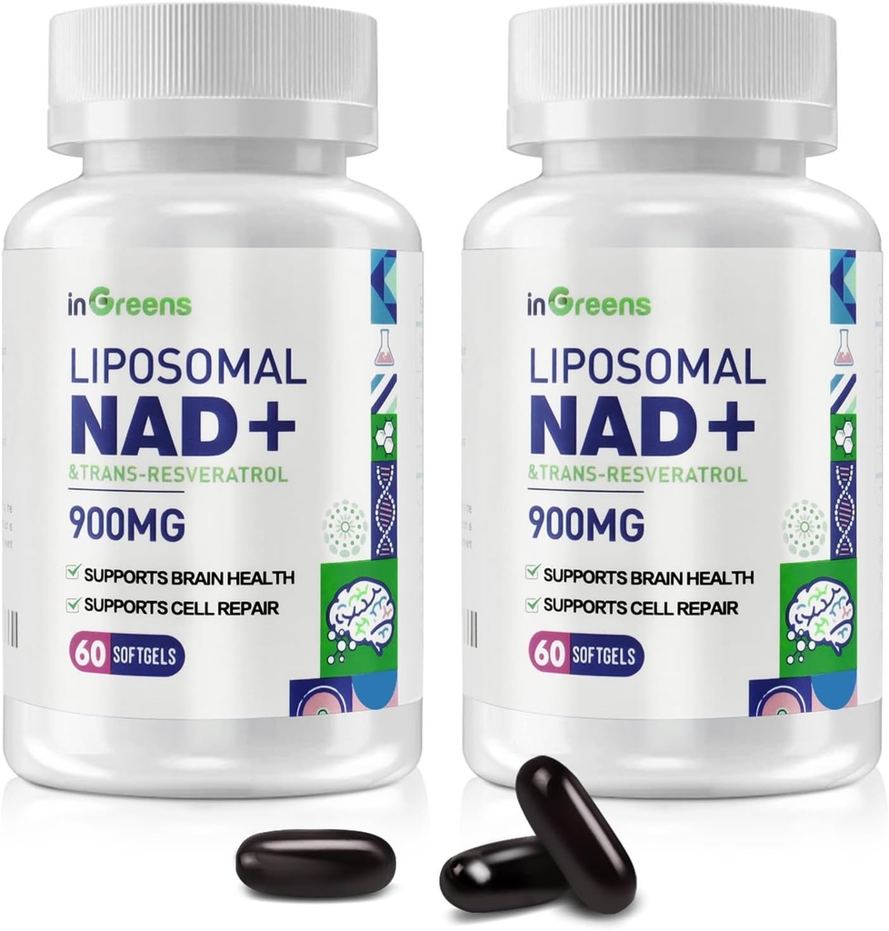 900 mg Λιποσωμική NAD+ Συμπλήρωμα με Trans Resveratrol 300 mg, αντικαθιστά NMN, Superior Απορρόφηση, True NAD Plus συμπλήρωμα για την επισκευή DNA και Boost NAD+, την άμυνα γήρανσης, την ενέργεια, 120 Softgels, 2 Pack