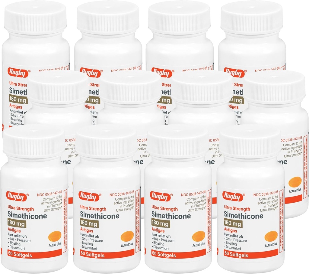 Rugby Ultra Strength Simethicone Gas Relief 180 mg - Maximum Gas Relief for Adults - Μπορεί να βοηθήσει με τα συμπτώματα της μετωπικότητας, Bloating, Gas Fullness - 60 Softgels (12 Pack)