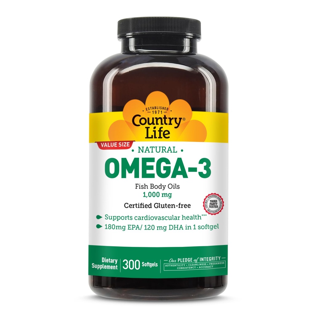 Country Life Omega-3 Fish Oil συμπλήρωμα, 1000mg, 180mg EPA & 120mg DHA, Fish Oil συμπυκνωμένο, Burpless, 300 Softgels, Certified Gluten Free