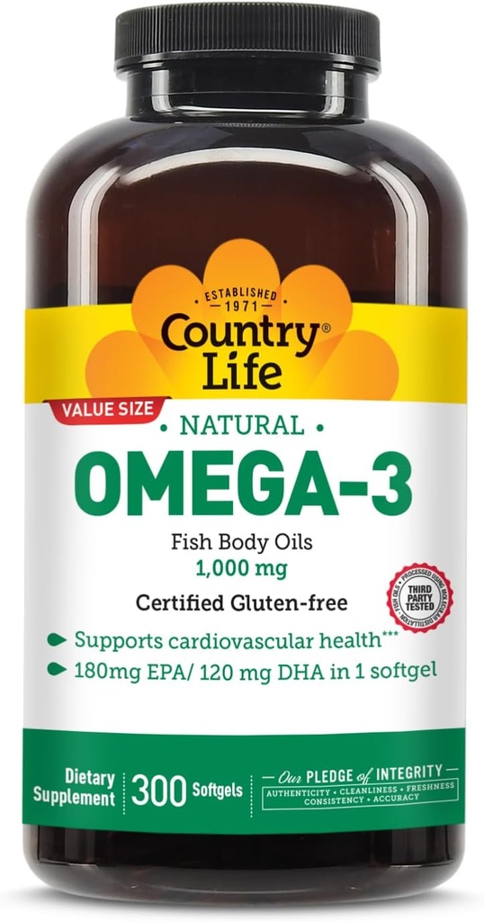 Country Life Omega-3 Fish Oil συμπλήρωμα, 1000mg, 180mg EPA & 120mg DHA, Fish Oil συμπυκνωμένο, Burpless, 300 Softgels, Certified Gluten Free