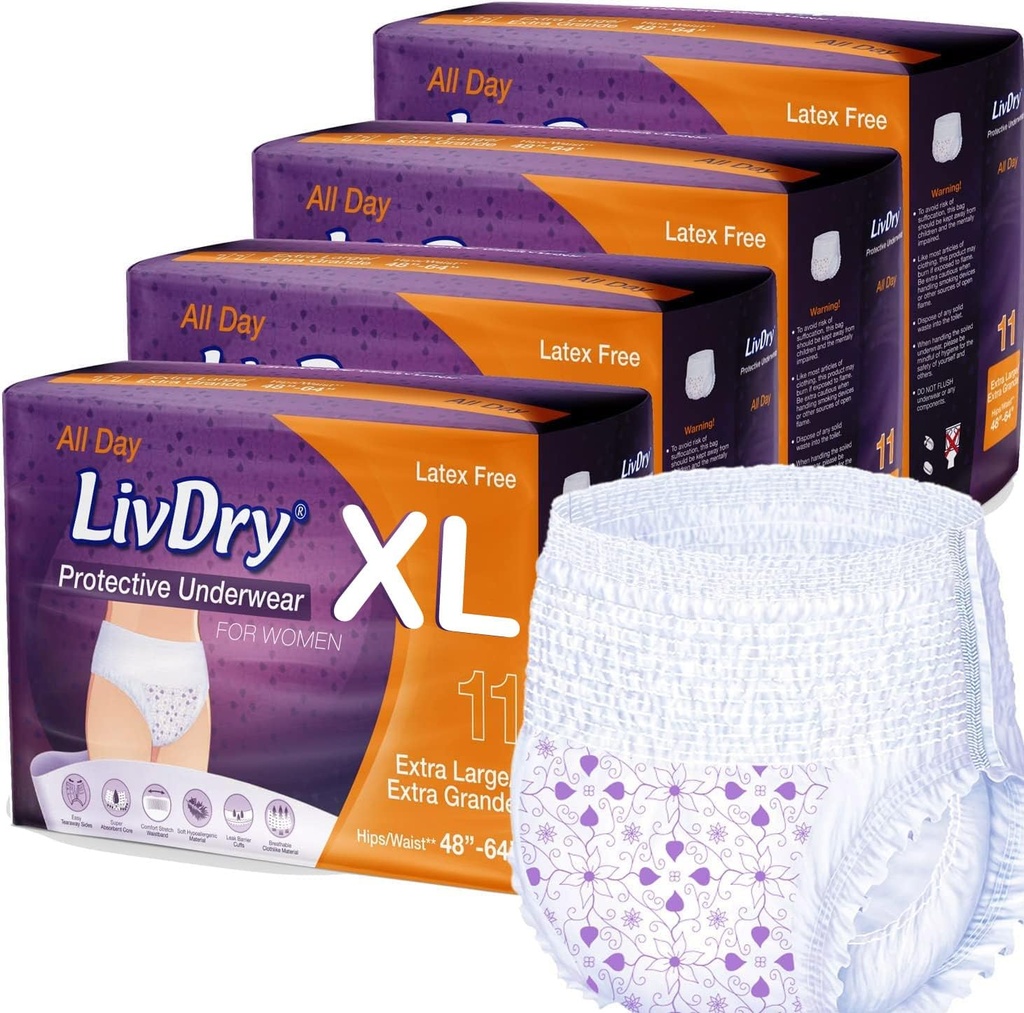 Livdry XL Adult Diapers Γυναίκες Διανυκτέρευση, Ultimate Max Απορρόφηση, Όλη την ημέρα ή τη νύχτα προστασία, X-Large (44 κόμης)