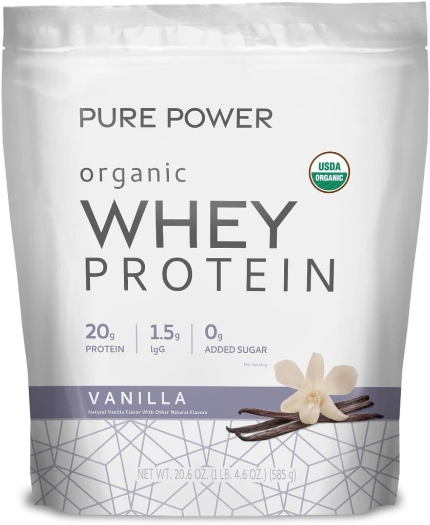 Dr. Mercola Pure Power Organic Whey Protein - 20 g Πρωτεΐνη - Υποστηρίζει την ανάπτυξη των μυών & την ενέργεια - Grass-Fed Whey Concent - 15 μερίδες (20.60 oz) - Βανίλια