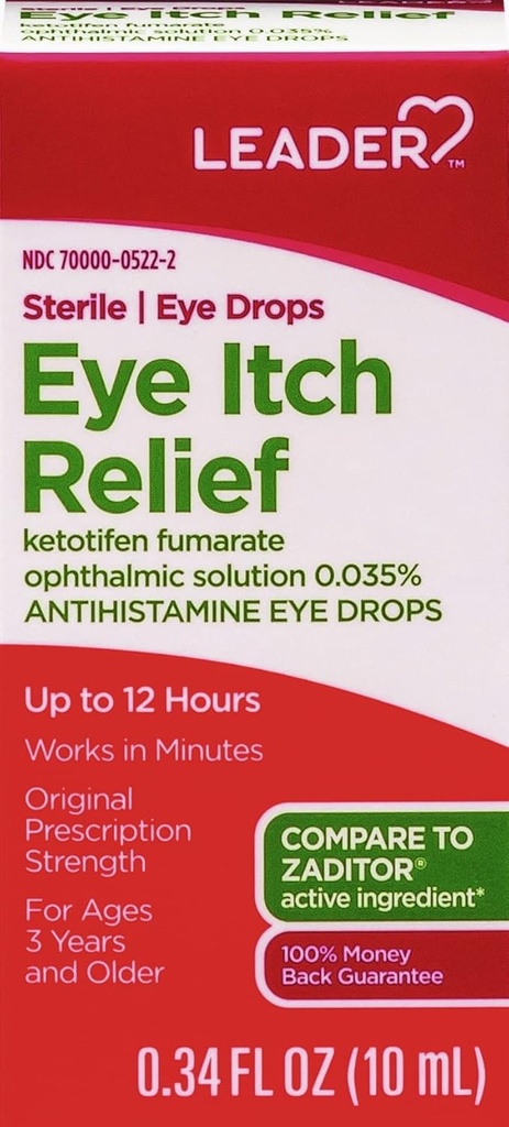 LEADER Sterile Eye Drops for Eye Allergy & Itch Relief, Ketotifen Antiistamine Solution 0.035%, Works in Minutes, up to 12 Ώρες, Prescription Strength 0.34 oz