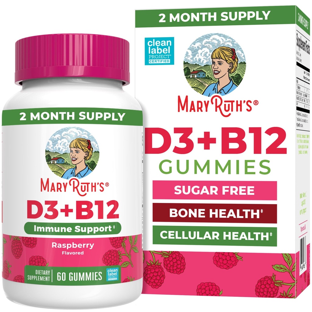 MARYRUTH'S Vitamin D3 + B12 Gummies for Ages 4+ | Sugar Free | Bone Health | Immune Support | Energy Metabolism | Cognitive Function | Vegan | Non-GMO | Gluten Free | 60 Servings | 2 Month Supply