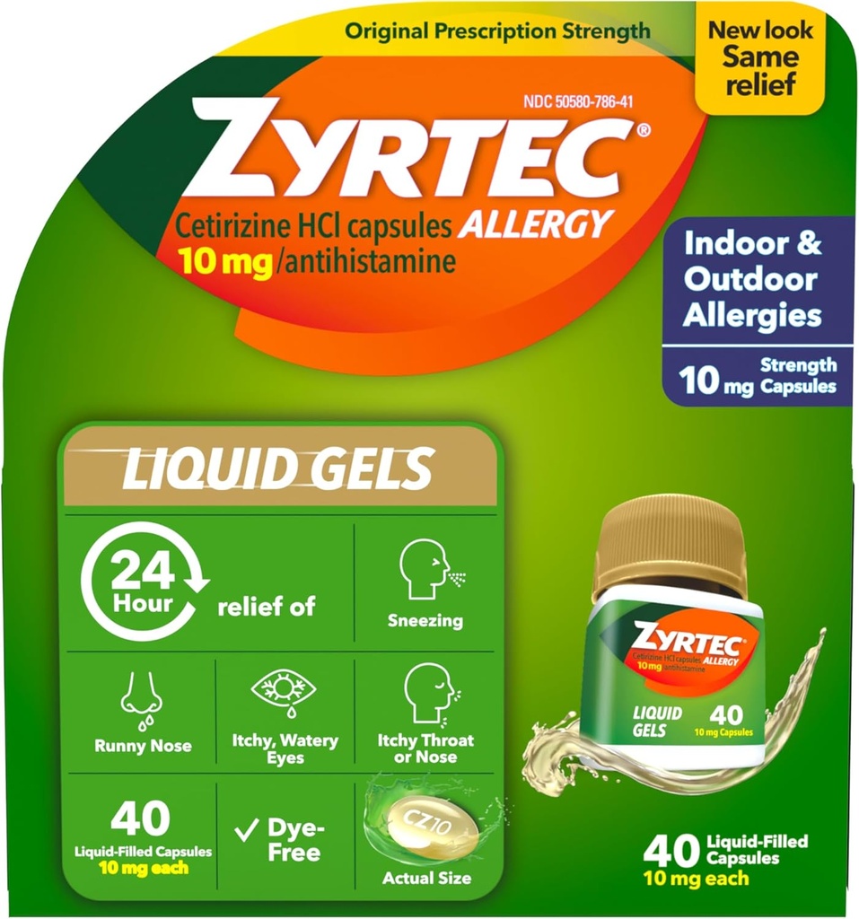 Zyrtec 24 ώρες Αλλεργία ανακούφιση υγρά τζελ, αντιισταμινικές κάψουλες με Cetirizine HCl Αλλεργική ιατρική για την ανακούφιση όλων των ημερών από Runny μύτη, φτάρνισμα, Ichy Eyes & More, 40 Count