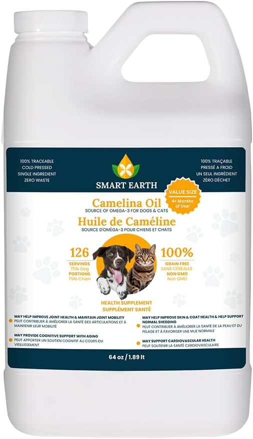 Smart Earth Camelina Oil for Dogs - Omega 3, 6, 9 Supplement for Healthy Skin, Shiny Coat & Flexible Joints - Dog Joint Supplement - Natural Canine Wellness - Omega 3 for Dogs (Pump Included - 64oz)
