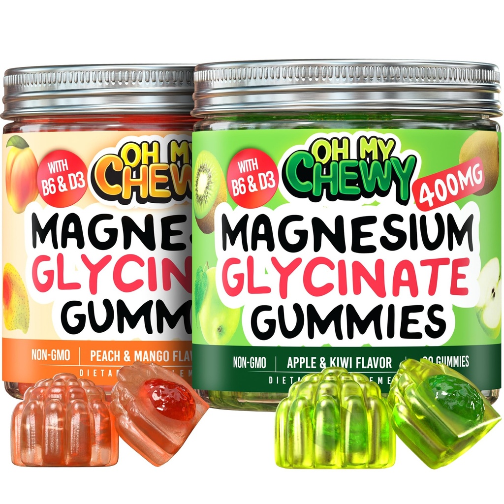 OH MY CHEWY Magnesium Gummies Bundle – 2 Bottles (60 Each) – Apple Kiwi & Peach Mango