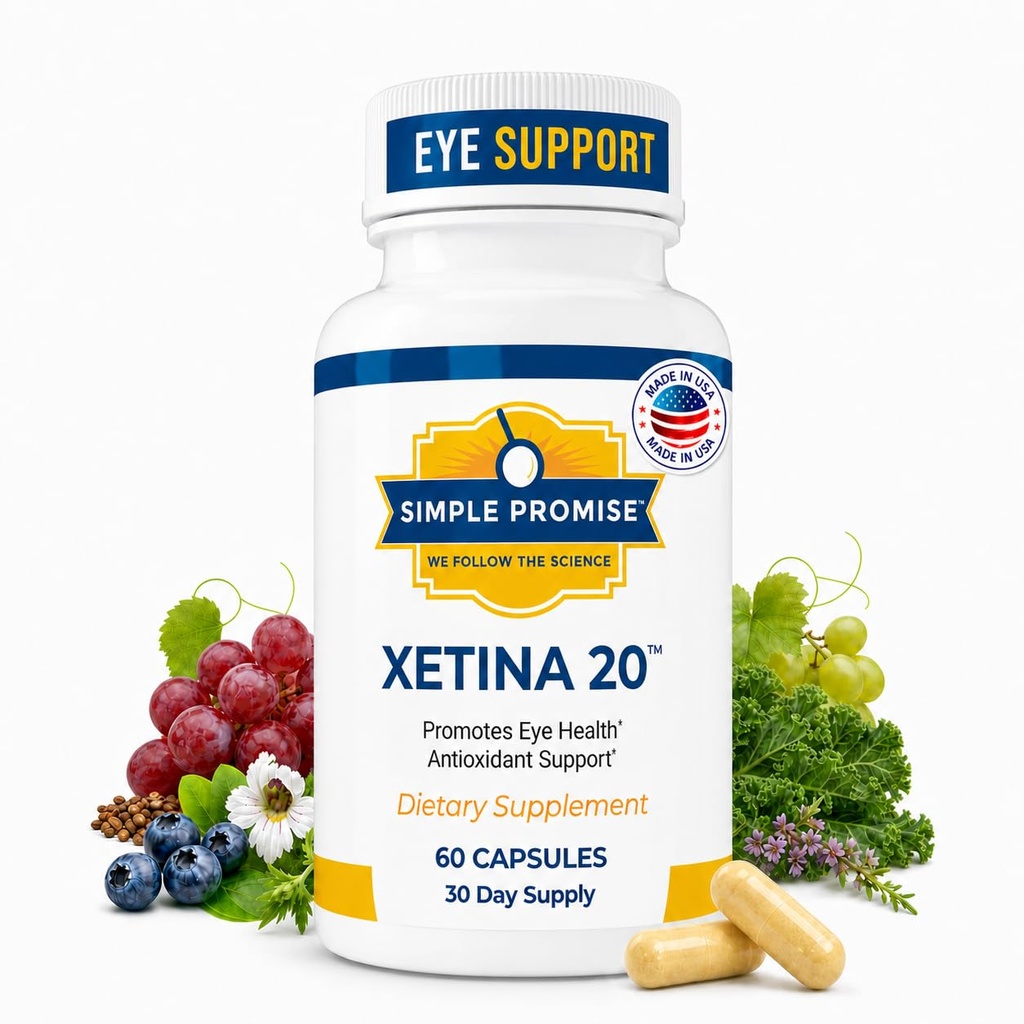 Απλό Υπόσχεση - Xetina 20TM Lutein και Zeaxanthin Συμπληρώματα - Βασική υποστήριξη για την υγεία των ματιών με βιταμίνες E, Eyebright, ψευδάργυρος, εκχύλισμα σπόρων σταφυλιών, Rutin & Bilberry - 60 κάψουλες