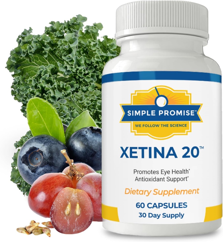 Απλό Υπόσχεση - Xetina 20TM Lutein και Zeaxanthin Συμπληρώματα - Βασική υποστήριξη για την υγεία των ματιών με βιταμίνες E, Eyebright, ψευδάργυρος, εκχύλισμα σπόρων σταφυλιών, Rutin & Bilberry - 60 κάψουλες