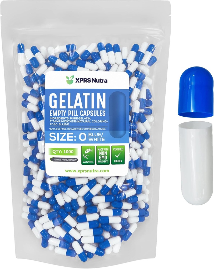 XPRS Nutra Μέγεθος 0 Κενές κάψουλες - 1000 Κάψουλες της Ζελατίνης - Χάπια DIY Κάλυμμα καψακίων - Καθαρά καπάκια τζελ για τα χάπια των βοοειδών για τα συμπληρώματα Do-It-Yourself (Blue/White)