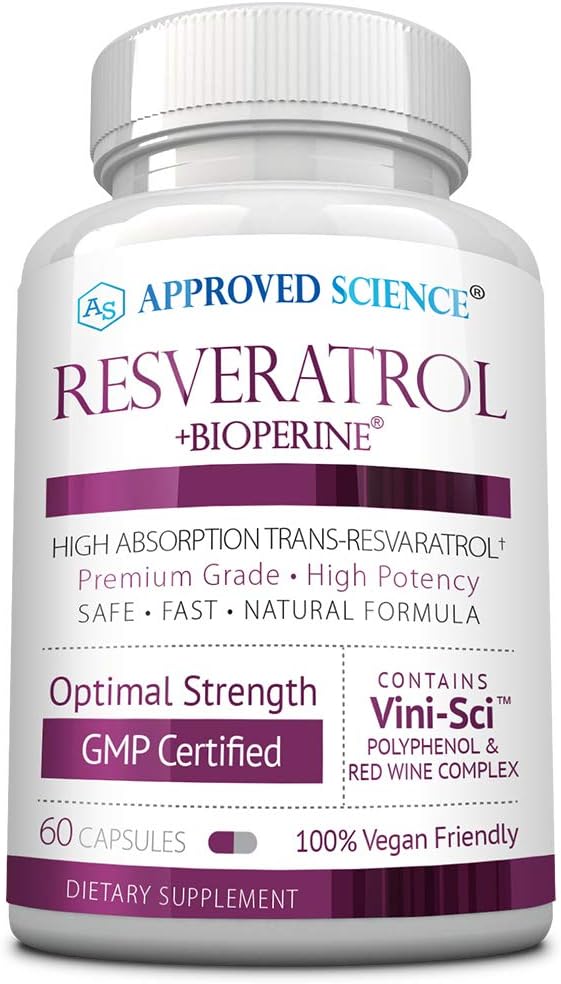 Εγκεκριμένη Resveratrol Science® - 1000 mg Trans Resveratrol - 250 mg Πολυφαινόλη - 98% Επίπεδο καθαρότητας - Περιλαμβάνει Bioperine® - 60 Vegan Φιλικές κάψουλες - 1 Φιάλη