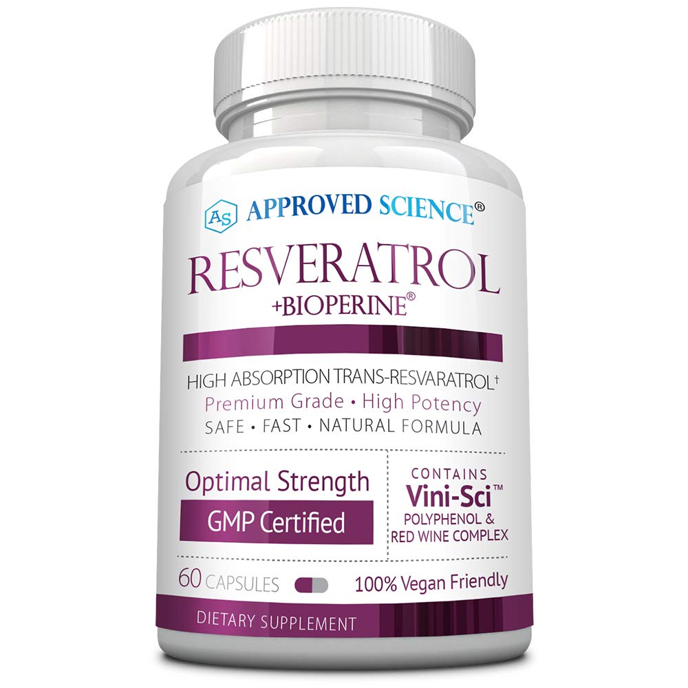 Εγκεκριμένη Resveratrol Science® - 1000 mg Trans Resveratrol - 250 mg Πολυφαινόλη - 98% Επίπεδο καθαρότητας - Περιλαμβάνει Bioperine® - 60 Vegan Φιλικές κάψουλες - 1 Φιάλη