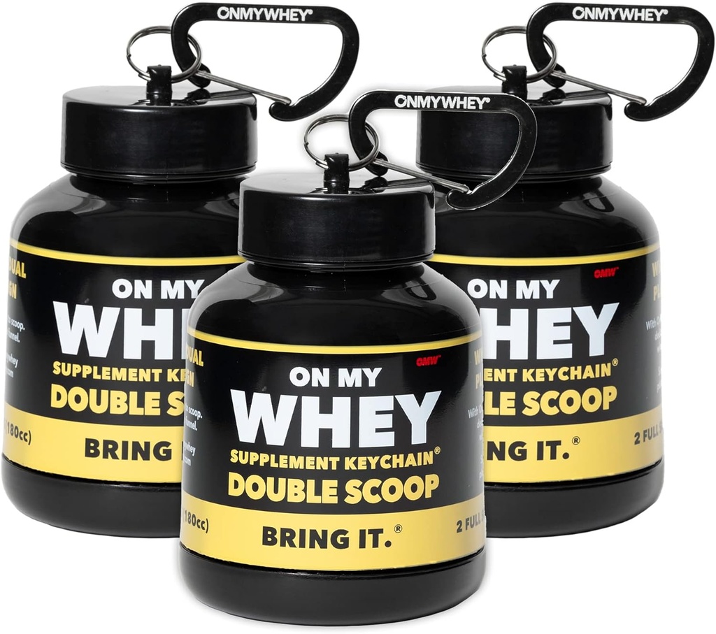 ONMYWHEY Protein Powder Container to Go - Travel Water Bottle Funnel for Mixes, Portable Pre Workout Supplement Containers & Dispenser Funnels, Mini Preworkout Supplements Holder Keychain Bottles