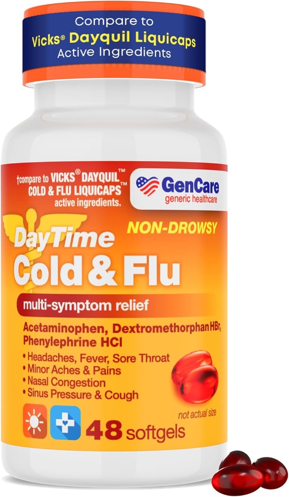 GenCare - Multi Symptom Non Drowsy Daytime Ψυχρή & Flu Relief Acetaminophen 325mg, Dextromethorphan HBr 10mg, Phenylefrine HCl 5mg (48 Softgels) Μη Συνήθης Σχηματίζοντας πόνο Reliever & Nasινικό αποσυμφορητικό