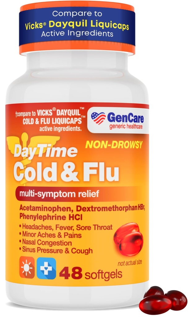 GenCare - Multi Symptom Non Drowsy Daytime Ψυχρή & Flu Relief Acetaminophen 325mg, Dextromethorphan HBr 10mg, Phenylefrine HCl 5mg (48 Softgels) Μη Συνήθης Σχηματίζοντας πόνο Reliever & Nasινικό αποσυμφορητικό