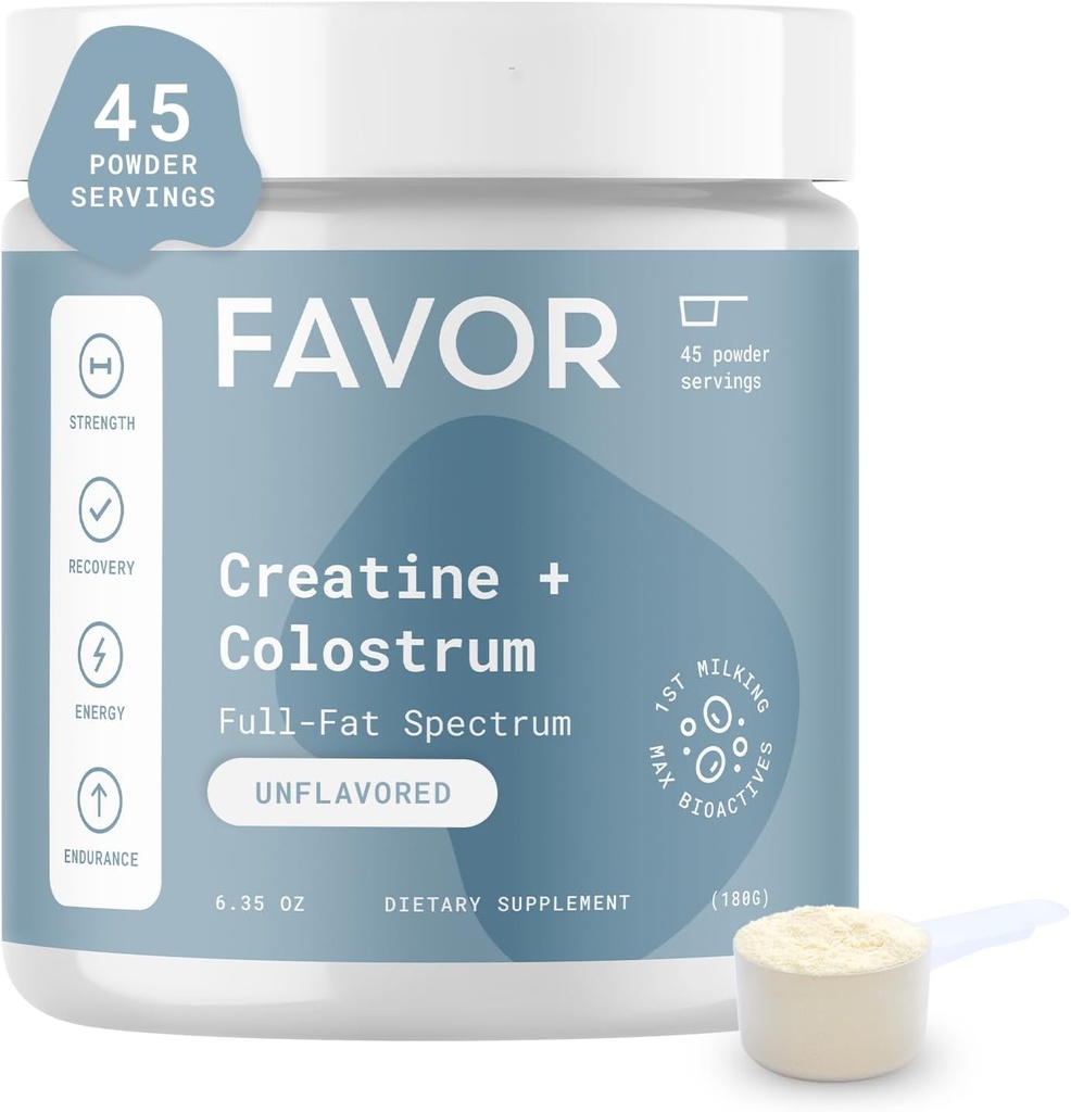 Favor Creatine and Bovine Colostrum Powder - Creatine Monohydrate Cow Colostrum Supplement, Υψηλή ανοσοσφαιρίνη IgG, δύναμη, αποκατάσταση των μυών και την υγεία των ούρων για τους άνδρες και τις γυναίκες, 45 Υπηρεσίες, Άγευστη