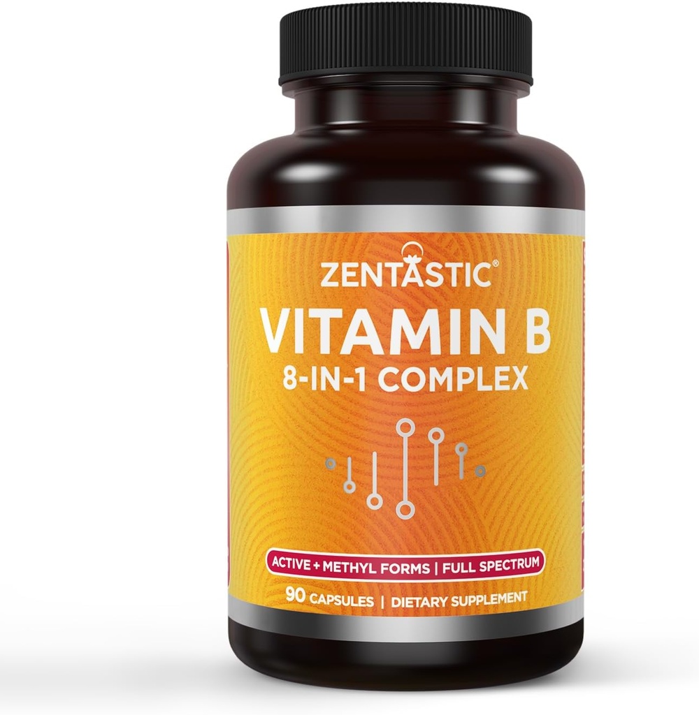 Zentastic Vitamin B-Complex - Όλες οι βιταμίνες Β με B12, B6, B9 Follic Acid, Choline, Inositol - Ενεργές και Μεθυλοφόρμες - Νευρικό Σύστημα, Ενέργεια, Μεταβολισμός, Ανοσολογική Υποστήριξη - 90 Vegan Κάψουλες