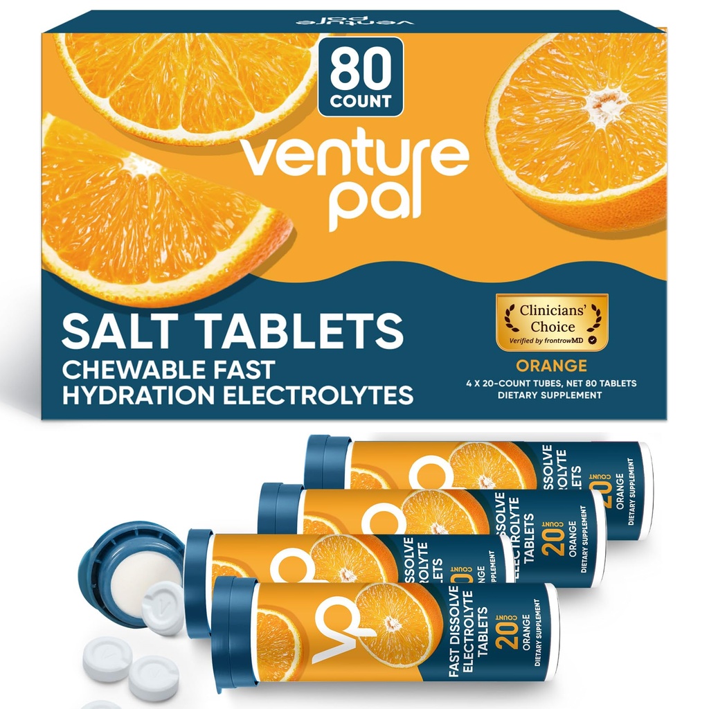 Venture Pal Chewable Electrolyte Tablets, 80 Count Fast-Dissolve Sugar-Free Stick Salt Tablets - Ποικιλία πακέτο για γρήγορη ενυδάτωση, Εξωτερική λειτουργία, Πεζοπορία, Αθλητισμός 