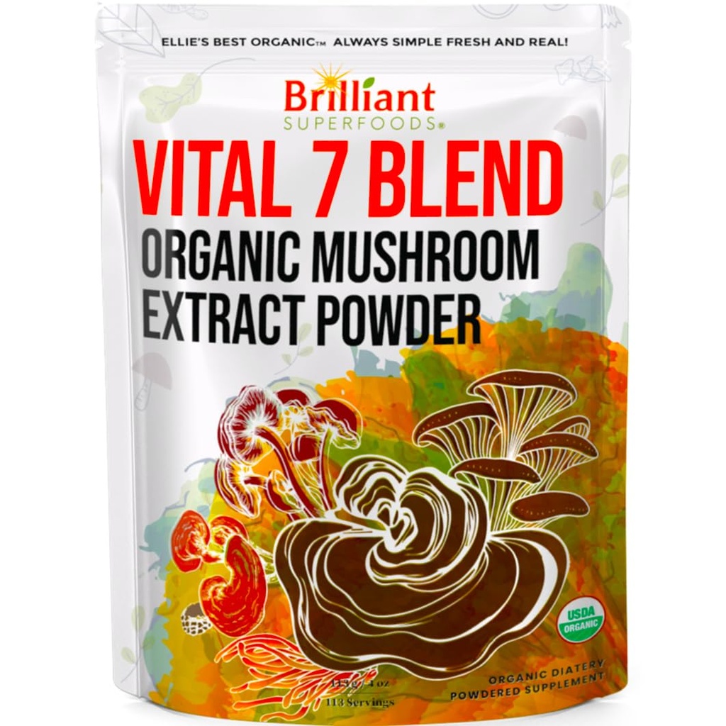 Το καλύτερο 7 Mushroom Powder Extract της Ellie συμπλήρωμα μείγματος οργανικό 114 εξυπηρετεί υψηλής ισχύος διπλής εκχυλίσεως Cordyceps, Reishi, Turkey Tail, Chaga, Lion's Mane - 4oz