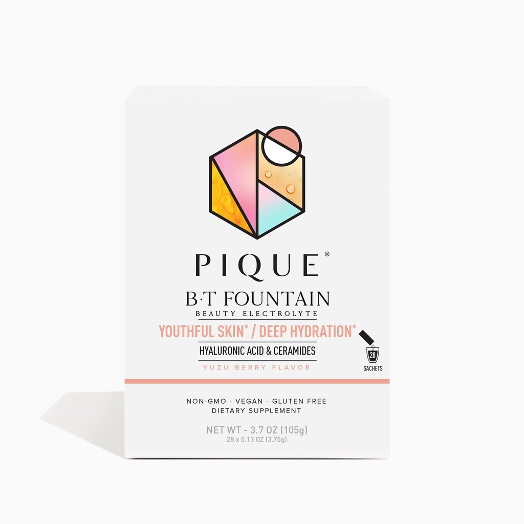 PIQUE BT Fountain Beauty Electrolyte Powder - Hydration Powder Packets με Υαλουρονικό Οξύ, Κεραμίδια, Μαγνήσιο για Ενυδατωμένο, Ελαστικό Δέρμα - Όχι Προστιθέμενη Ζάχαρη - 28 Μονό Σερβίτσια (Pack of 1)