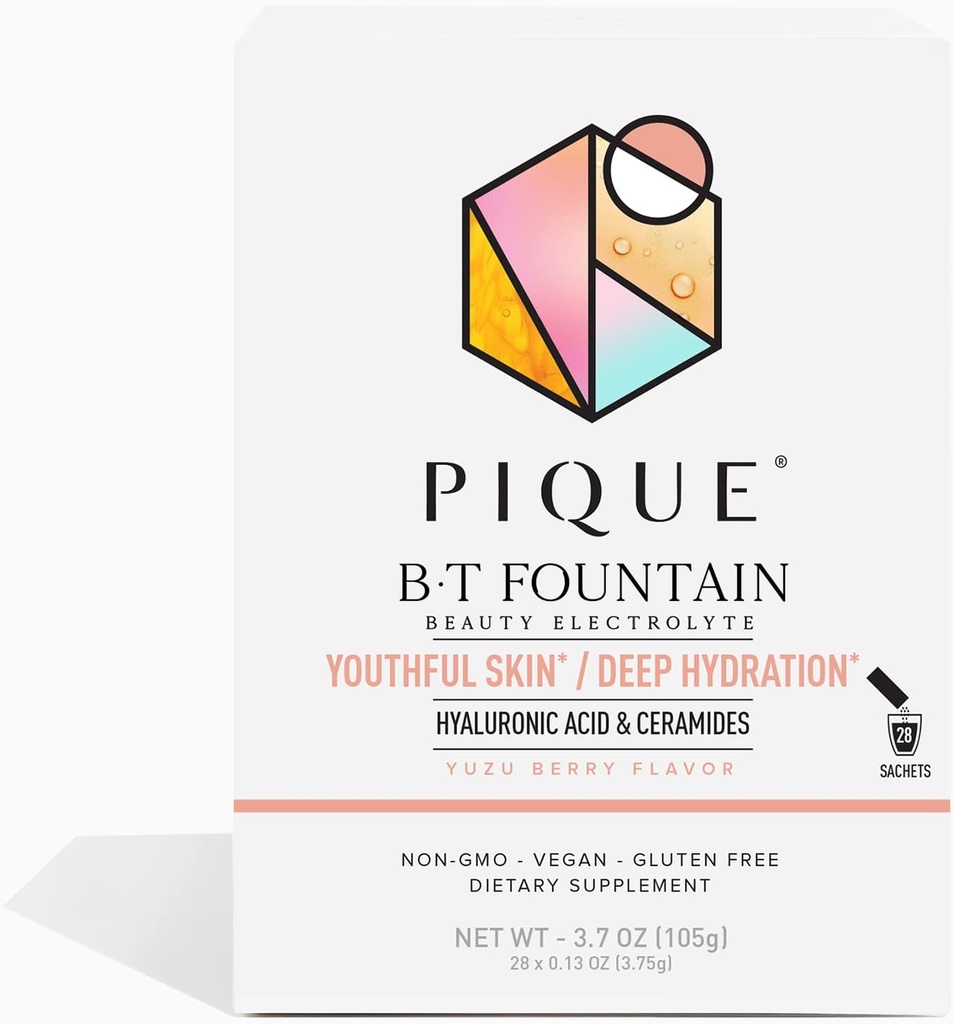 PIQUE BT Fountain Beauty Electrolyte Powder - Hydration Powder Packets με Υαλουρονικό Οξύ, Κεραμίδια, Μαγνήσιο για Ενυδατωμένο, Ελαστικό Δέρμα - Όχι Προστιθέμενη Ζάχαρη - 28 Μονό Σερβίτσια (Pack of 1)
