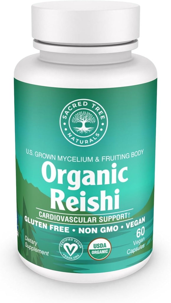 Organic Reishi Mushroom Κάψουλες - 1.000mg Ικανότητα - Άγχος Ανακούφιση, Καρδιά Υγεία & Ασυλία - Μη ΓΤΟ, Vegan, 60 Count (30 Services)