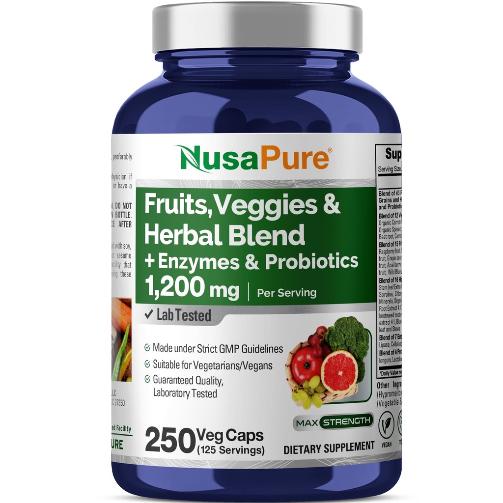 NusaPure Fruits and Veggies Συμπλήρωμα 1200 mg 250 Κάψουλες - 43 Φρούτα & Λαχανικά,11 Ένζυμα, Προβιοτικά (Vegan/Vegetarian, Μη ΓΤΟ)