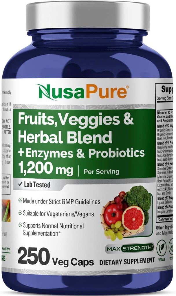 NusaPure Fruits and Veggies Συμπλήρωμα 1200 mg 250 Κάψουλες - 43 Φρούτα & Λαχανικά,11 Ένζυμα, Προβιοτικά (Vegan/Vegetarian, Μη ΓΤΟ)