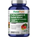 NusaPure Fruits and Veggies Συμπλήρωμα 1200 mg 250 Κάψουλες - 43 Φρούτα & Λαχανικά,11 Ένζυμα, Προβιοτικά (Vegan/Vegetarian, Μη ΓΤΟ)
