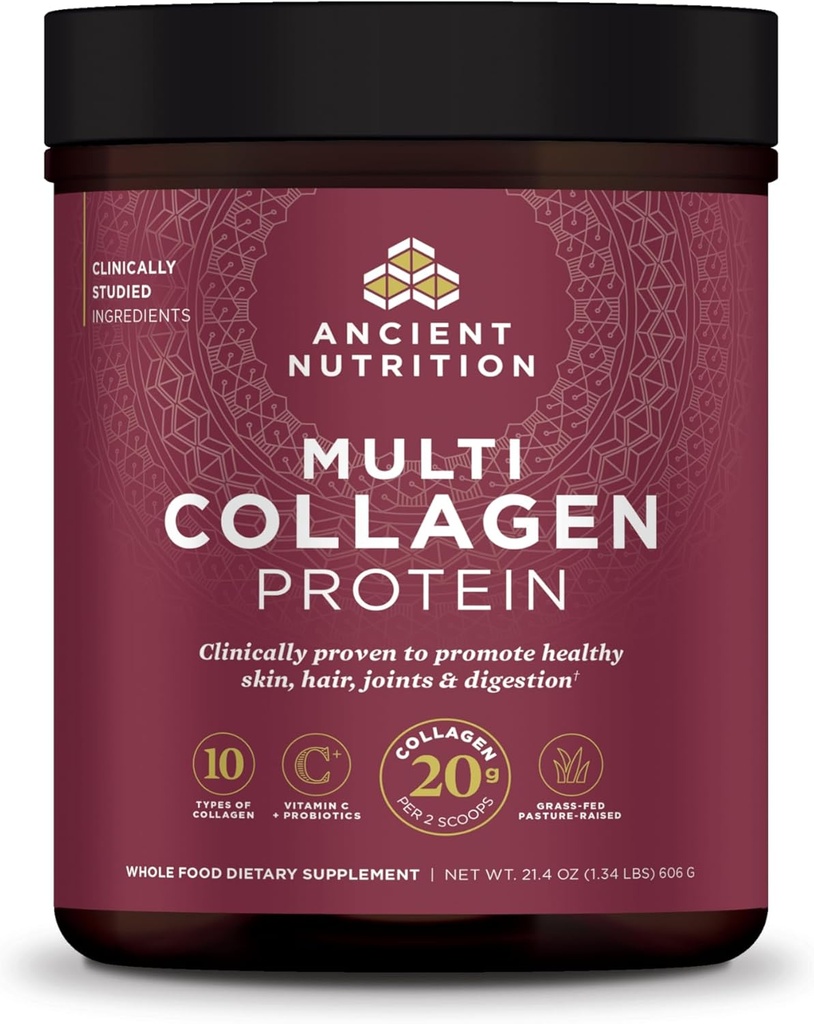 Ancient Nutrition Collagen Peptides Peptides Powder, Multi Collagegen Protein, Women & Men, Vitamin C, Probiotics, Hydrolyzed Collagen, Υποστηρίζει το δέρμα, αρθρώσεις, Gut Health, Άγευστη, 60 Υπηρεσίες