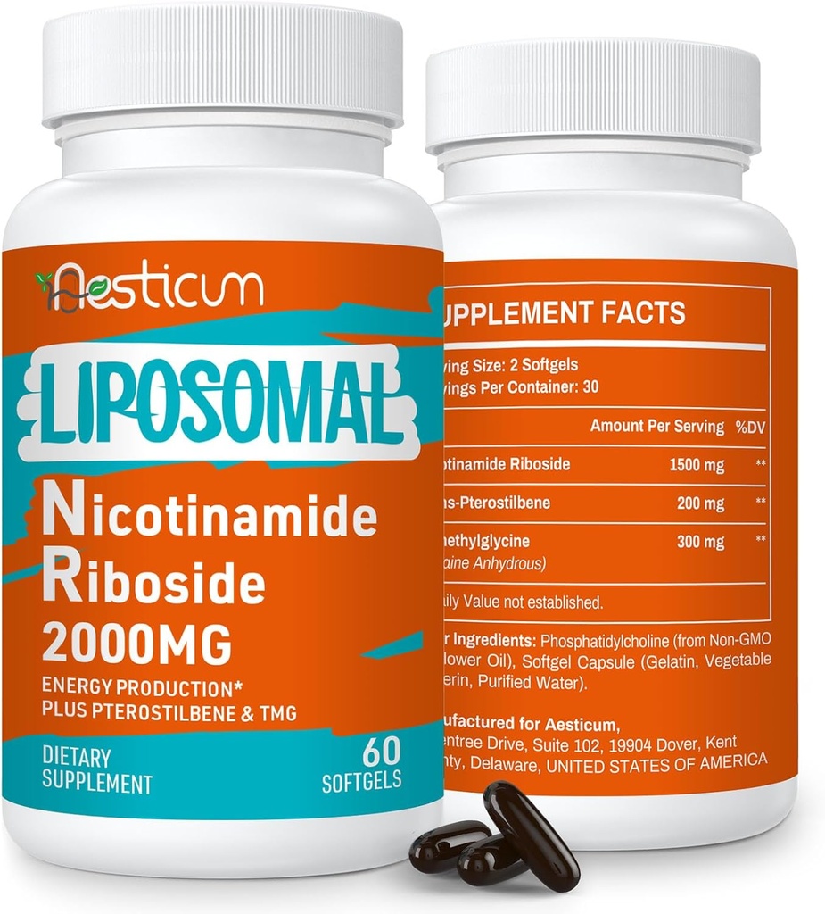 2000 MG Liposomal Nicotinamide Riboside Supplement με TMG & Pterostilbene, Υψηλή βιοδιαθεσιμότητα NAD+ Συμπλήρωμα ενίσχυσης, Superior to Niacinamide for Energy, Immunity, Age Resistance, 120 Softgels