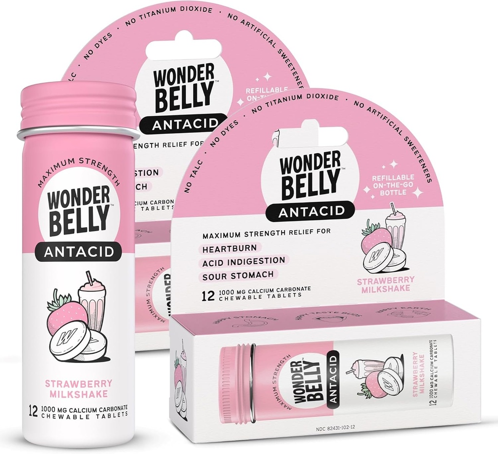 Wonderbelly Antacid, Αποτελεσματικό Heartburn & Instant Acid Indigetion Relief, Travel Size Extra Strength Chewable Tablets, 1000 mg Ασβέστιο Carbonate, Φράουλα Milkshake, 12 Count (Pack of 2)