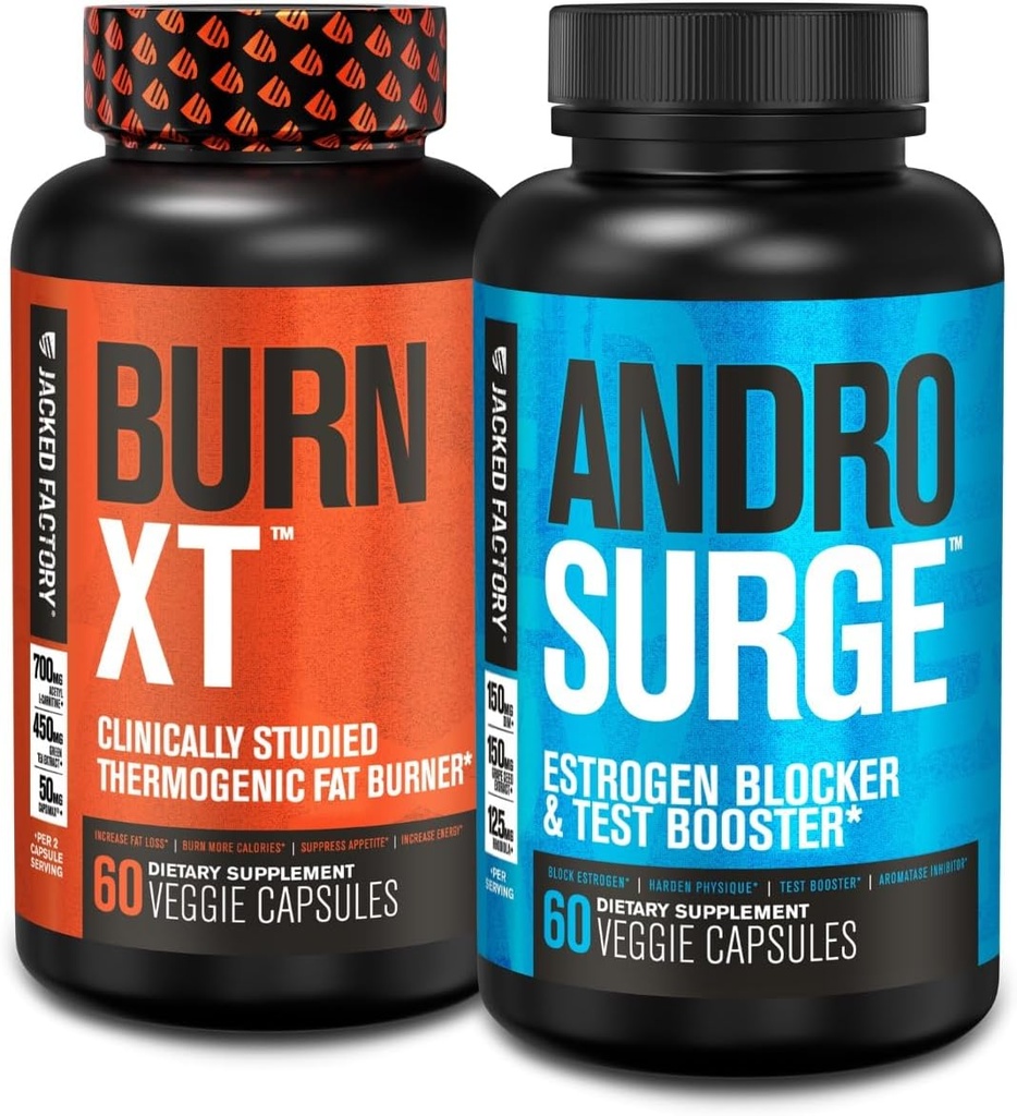 Jacked Factory Burn-XT Θερμογόνος καύση λίπους - Ορεκτικό Καταπιεστικό για απώλεια βάρους & Androsurge Αποκλειστής οιστρογόνων για άνδρες - Booster τεστοστερόνης
