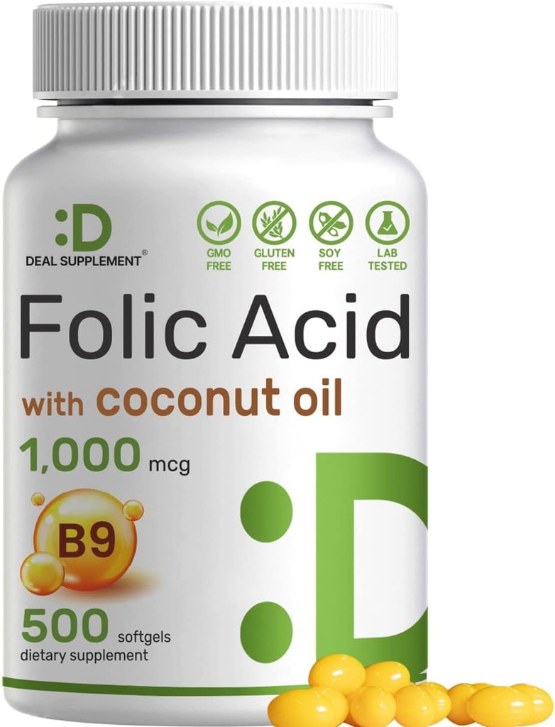 ΔΙΑΘΕΣΙΜΟ Φολικό οξύ 1000 mcg (1 mg), 500 Coconut Oil Softgels 