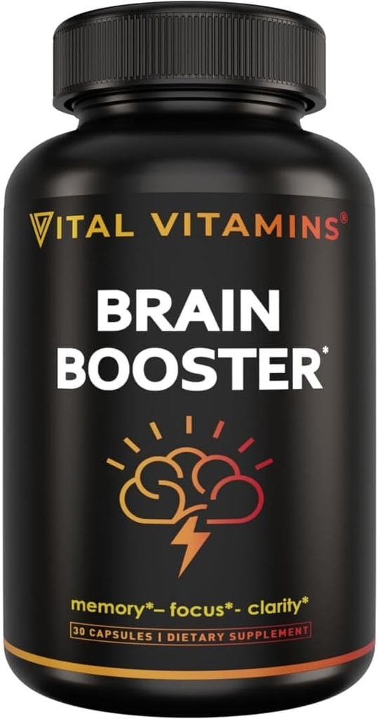 Vital Vitamins Brain Supplements with Bacopa Monnieri - for Memory and Focus – Nootropic Brain Booster - Caffeine-Free Support for Adults & Seniors – Non-GMO, 30-Day Supply, 30 Capsules