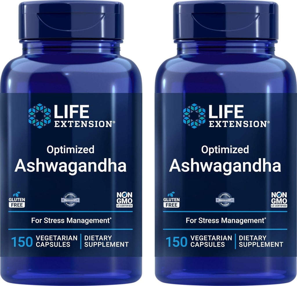 Επέκταση ζωής Βελτιστοποιημένη Ashwagandha, 150 Veg Caps (Pack of 2) - Μη ΓΤΟ, Χωρίς γλουτένη, Κάψουλες χορτοφάγων
