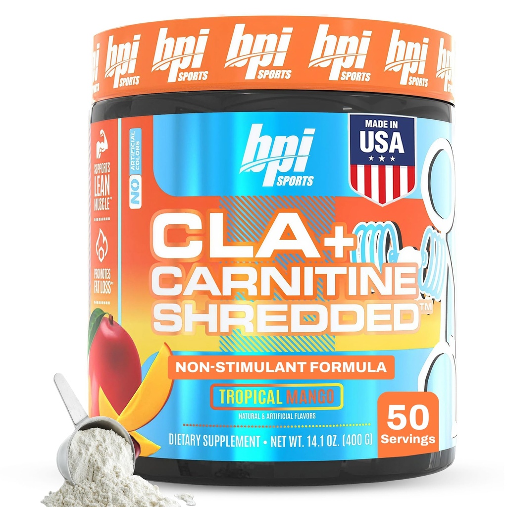 BPI Sports CLA + Carnitine Shredded - Μετατρέψτε τα λιπώδη κύτταρα σε ενέργεια και υποστηρίζει Lean Μύες, Ενίσχυση Μεταβολισμός - μη-διεγερτικό L-Καρνιτίνη συμπλήρωμα - Τροπικό Mango (14,1 oz. / 50 Υπηρεσίες)