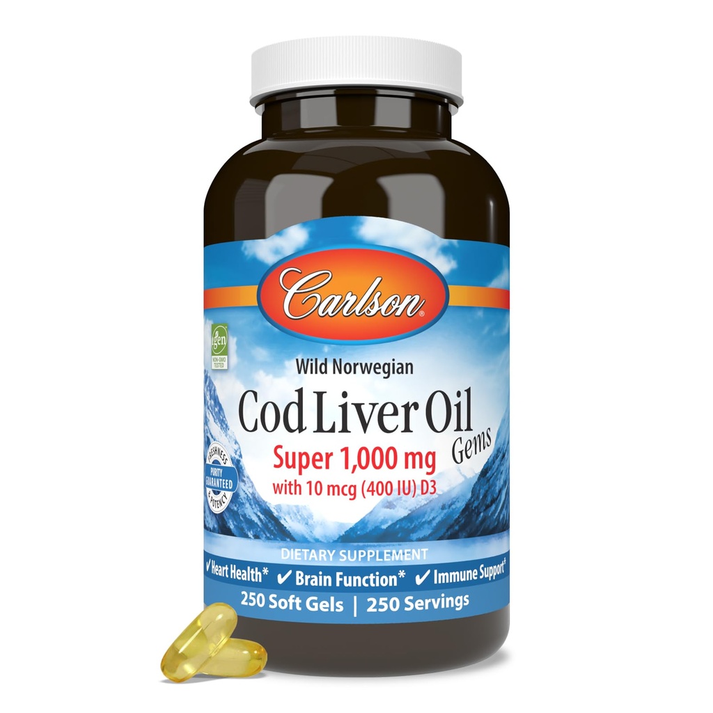 Carlson - Cod Liver Oil Gems, Super 1000 mg, 250 mg Omega-3s, 400 IU (10 mcg) Βιταμίνη D3, Wild Caught Norwegian Arctic Cod Liver Oil, Nordic Fish Oil Caps, 250 Softgels